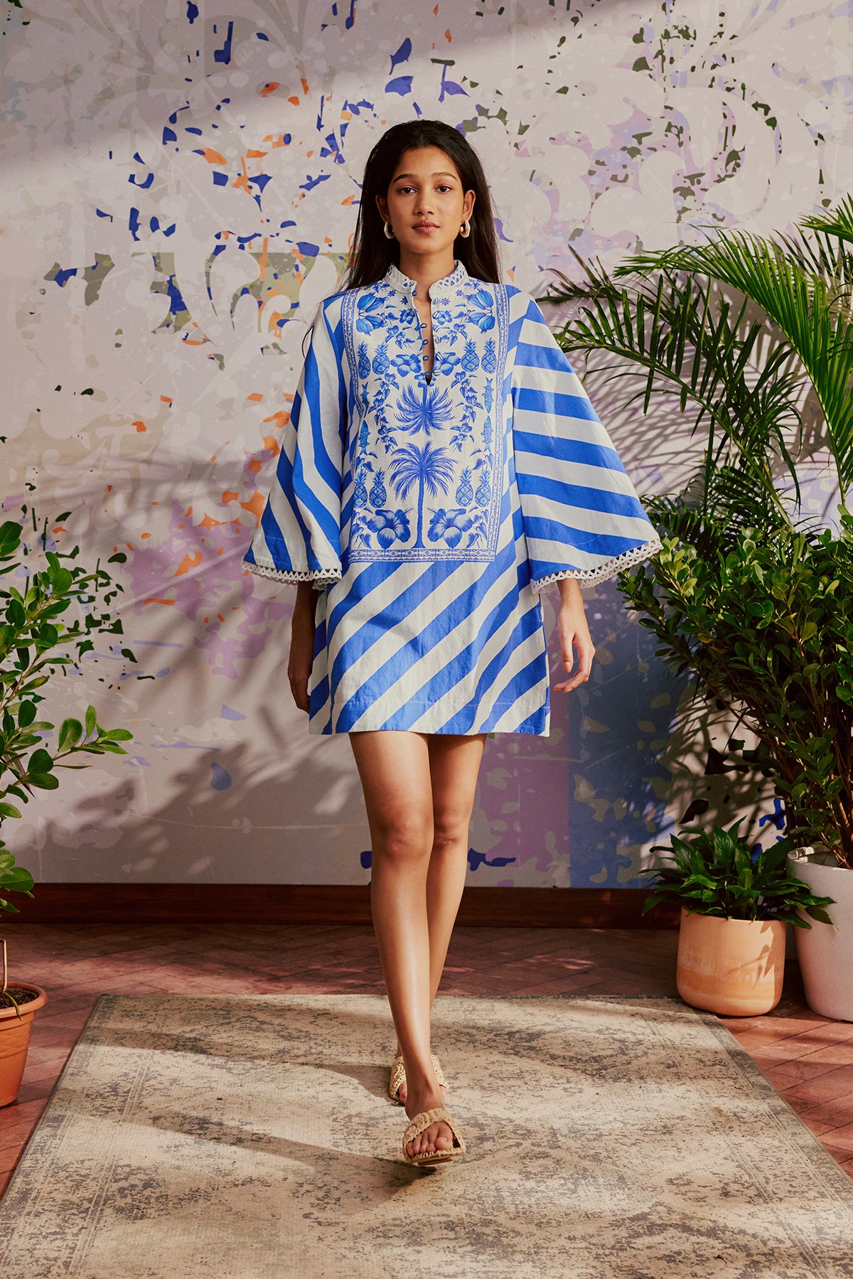 Women's White & Blue Palm Azulejos Mini Kaftan Dress - Verandah