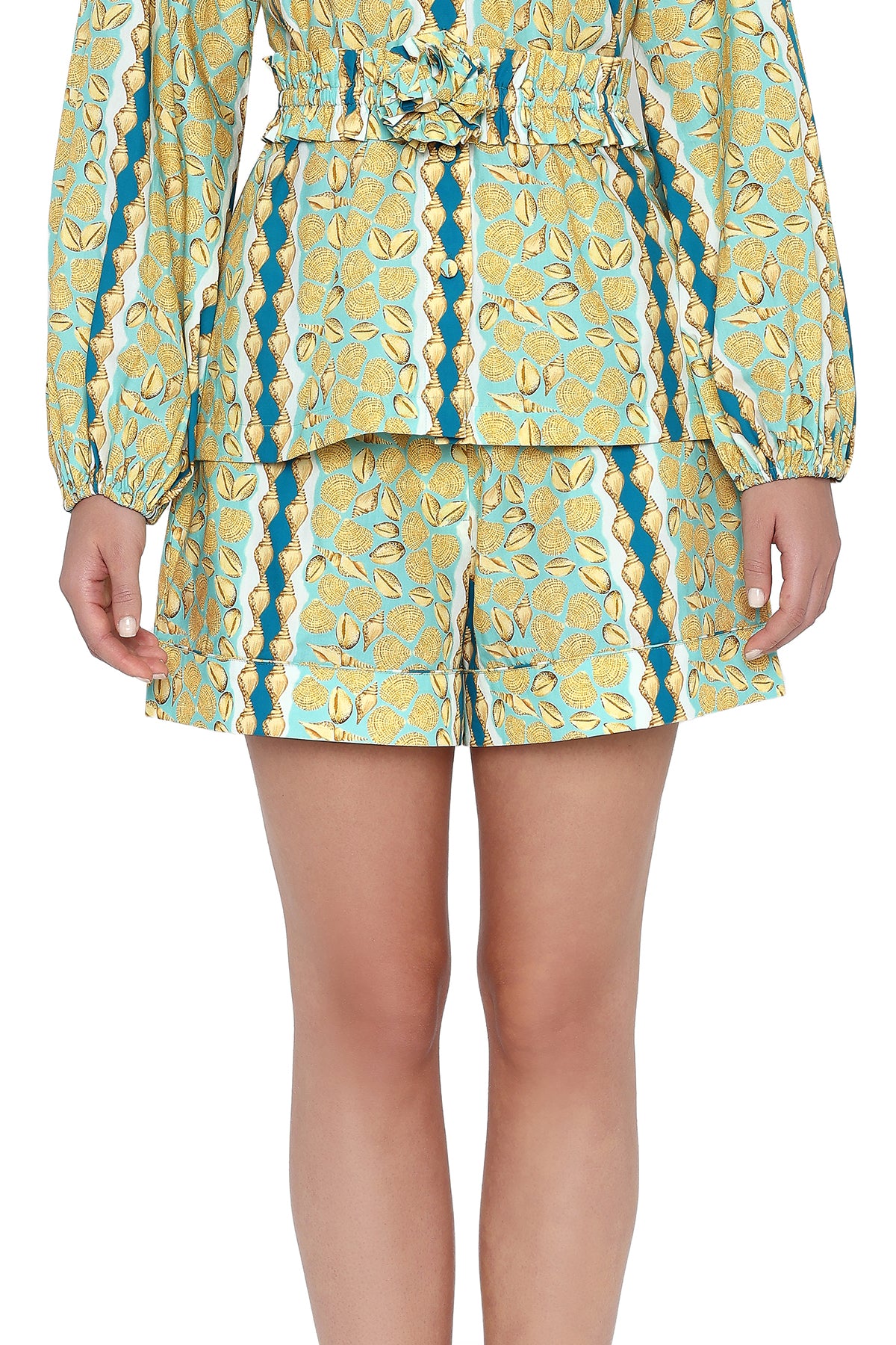 yellow and teal shells shorts