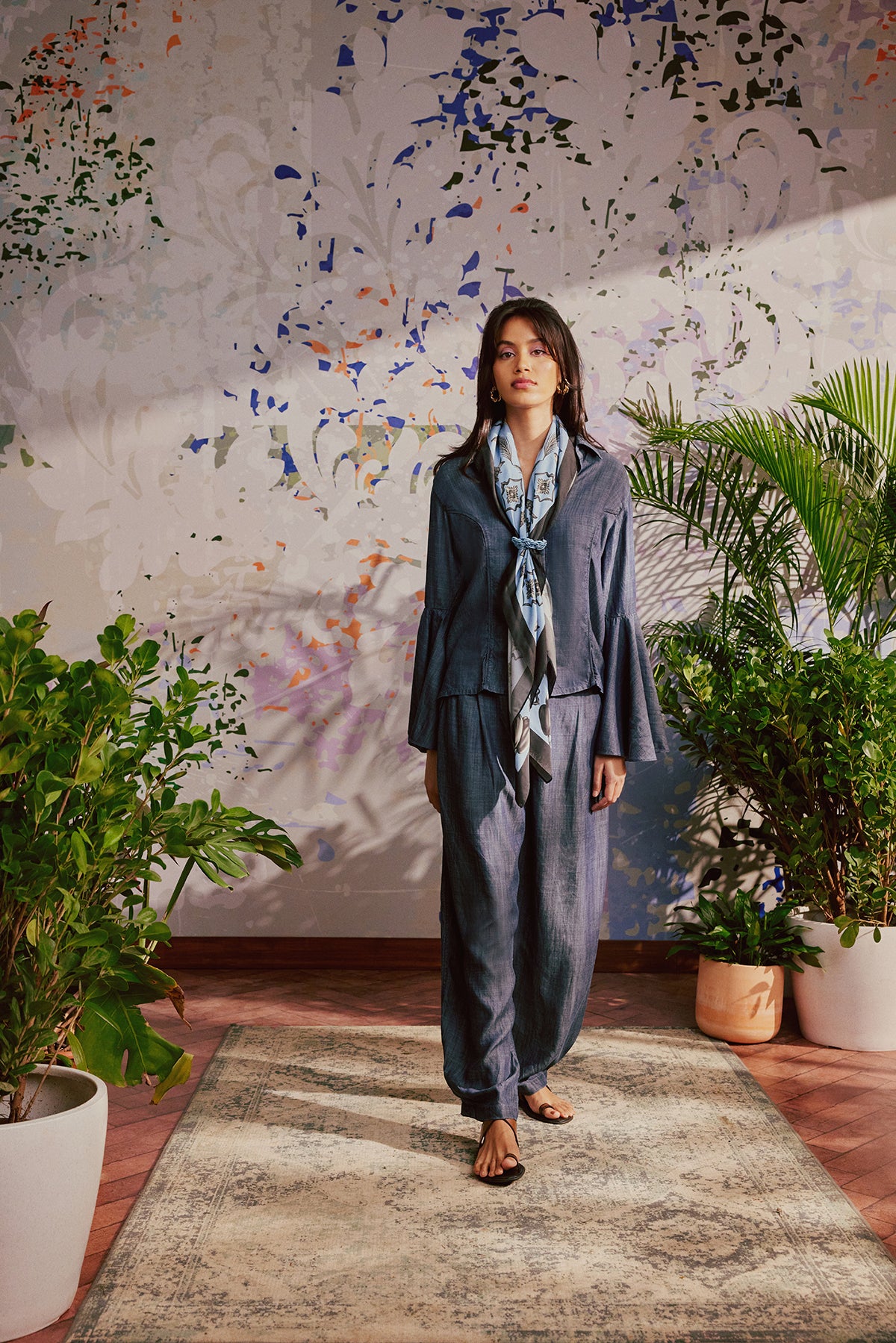 High Waisted Denim Pleated Pants