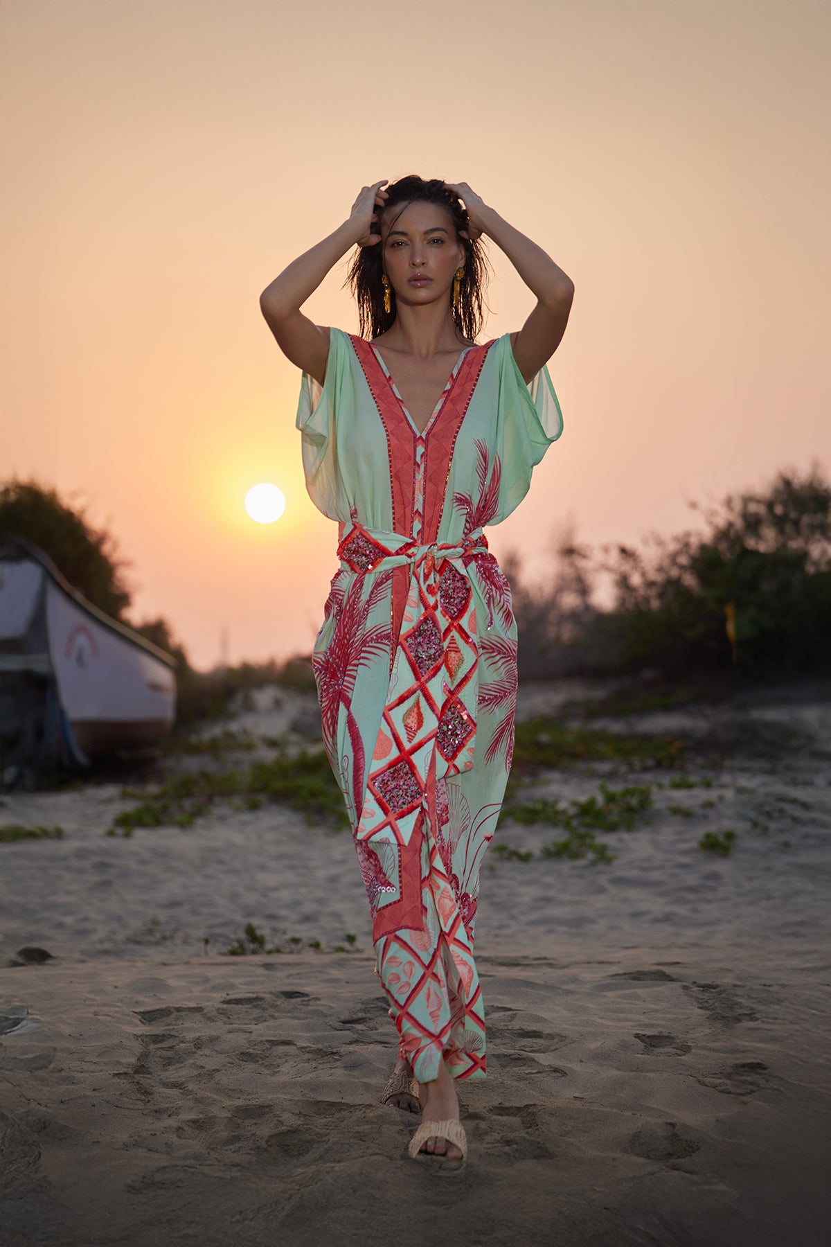 Women's Sustainable Coral Palm Panel Ocean Kaftan Dress - Verandah Women's Sustainable Coral Palm Panel Ocean Kaftan Dress - Verandah