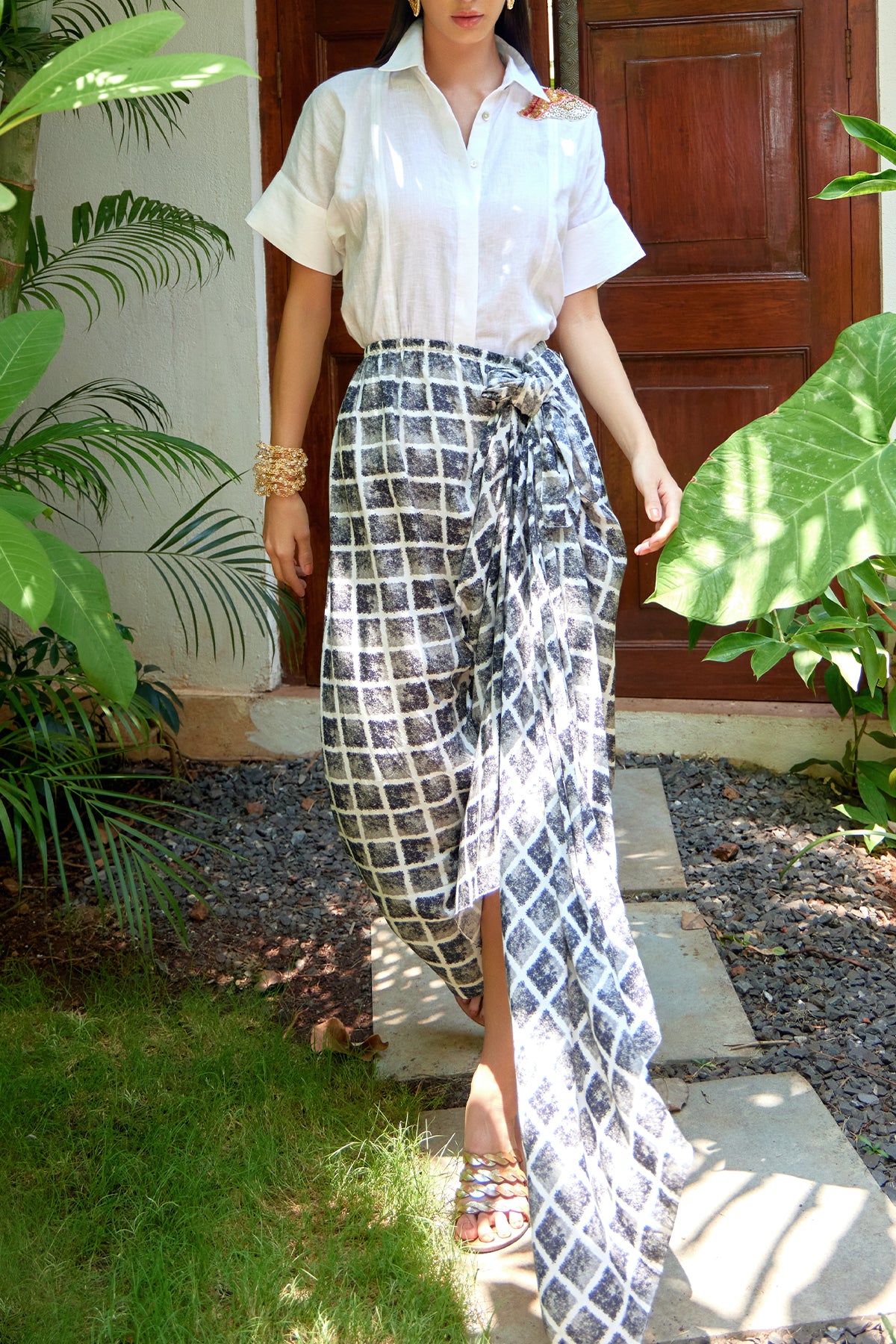 black and white check skirt