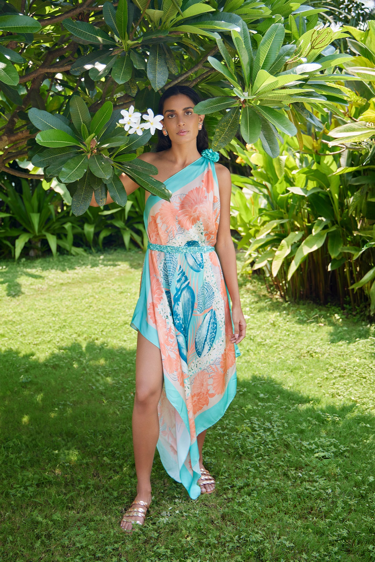 teal and coral shells dress