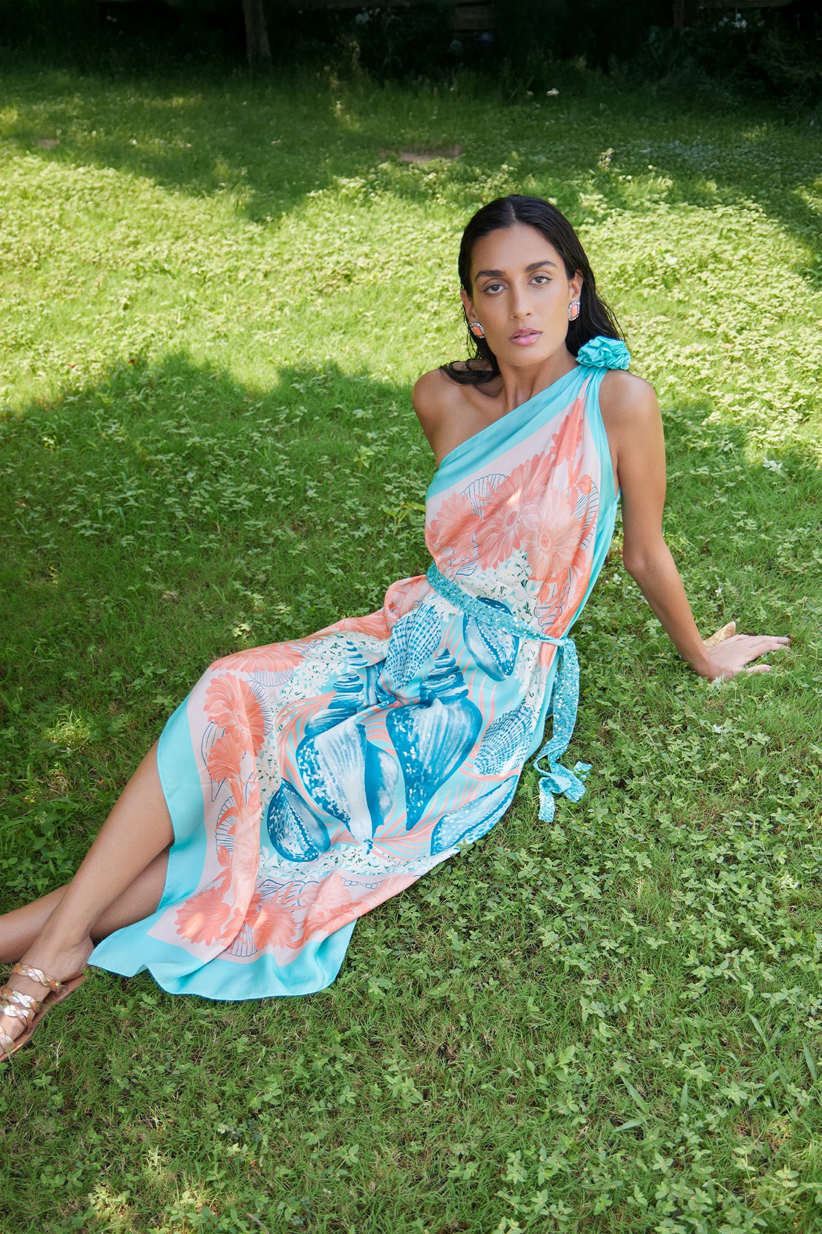 teal and coral shells dress
