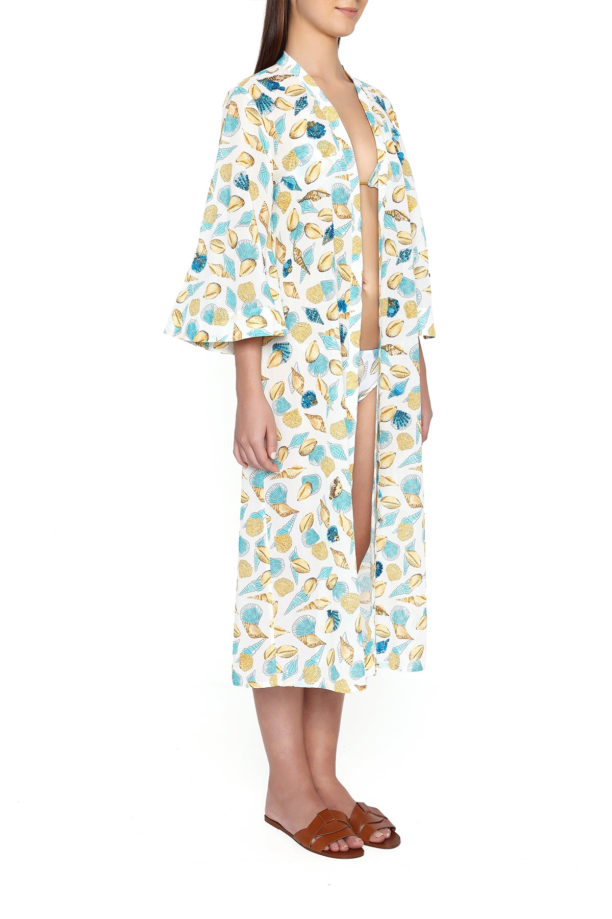 blue and white shells kimono