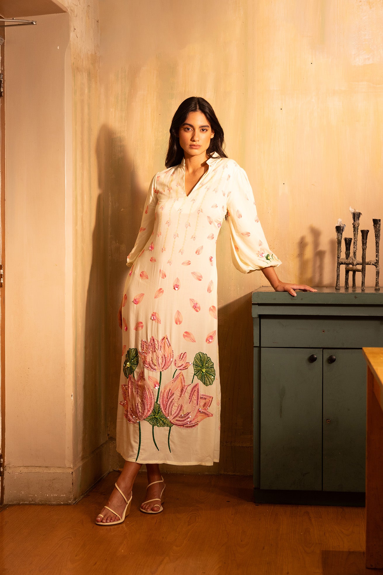 Hand Beaded Blooming Lotus Midi Dress
