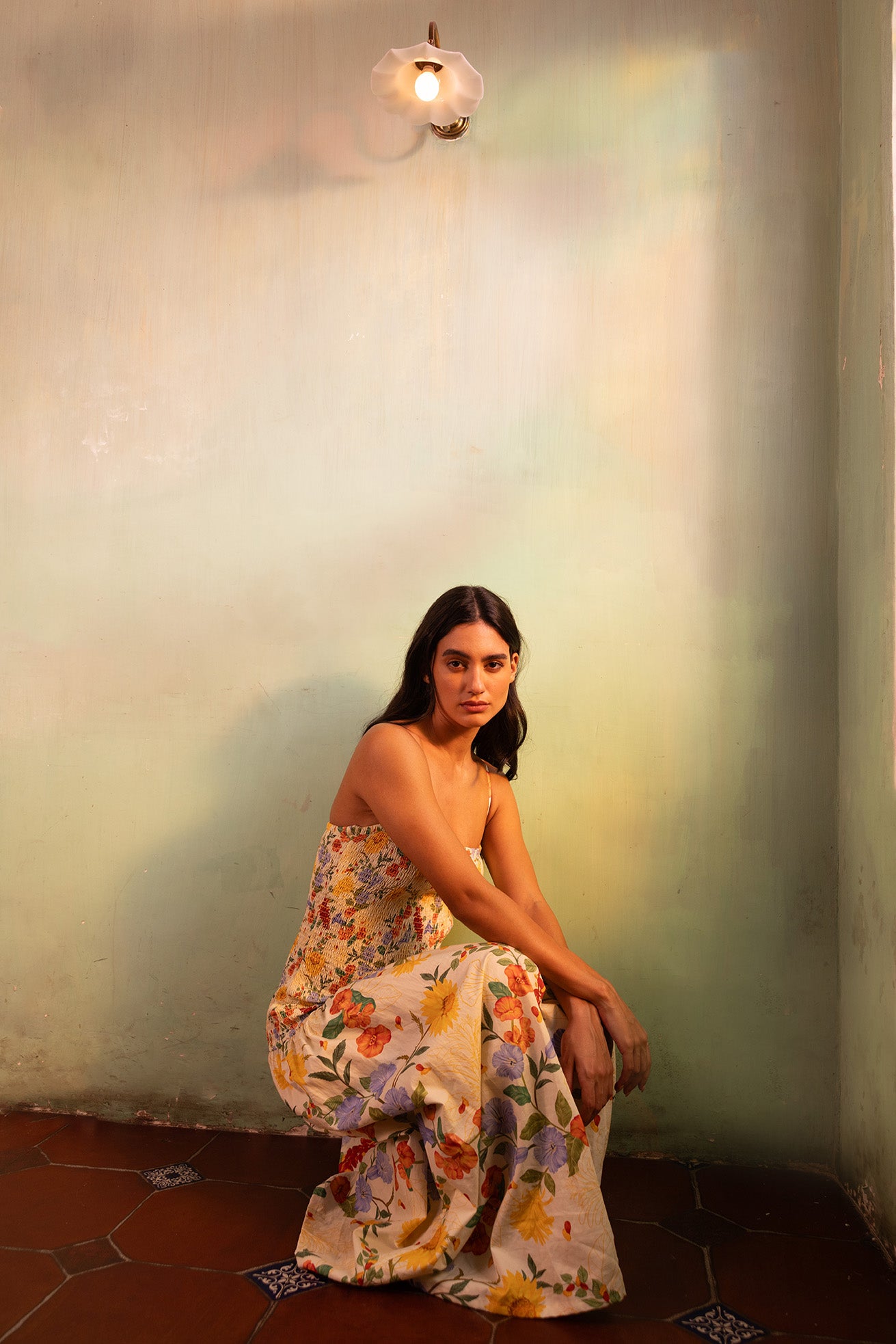 Smocked Cotton Satin Maxi Dress