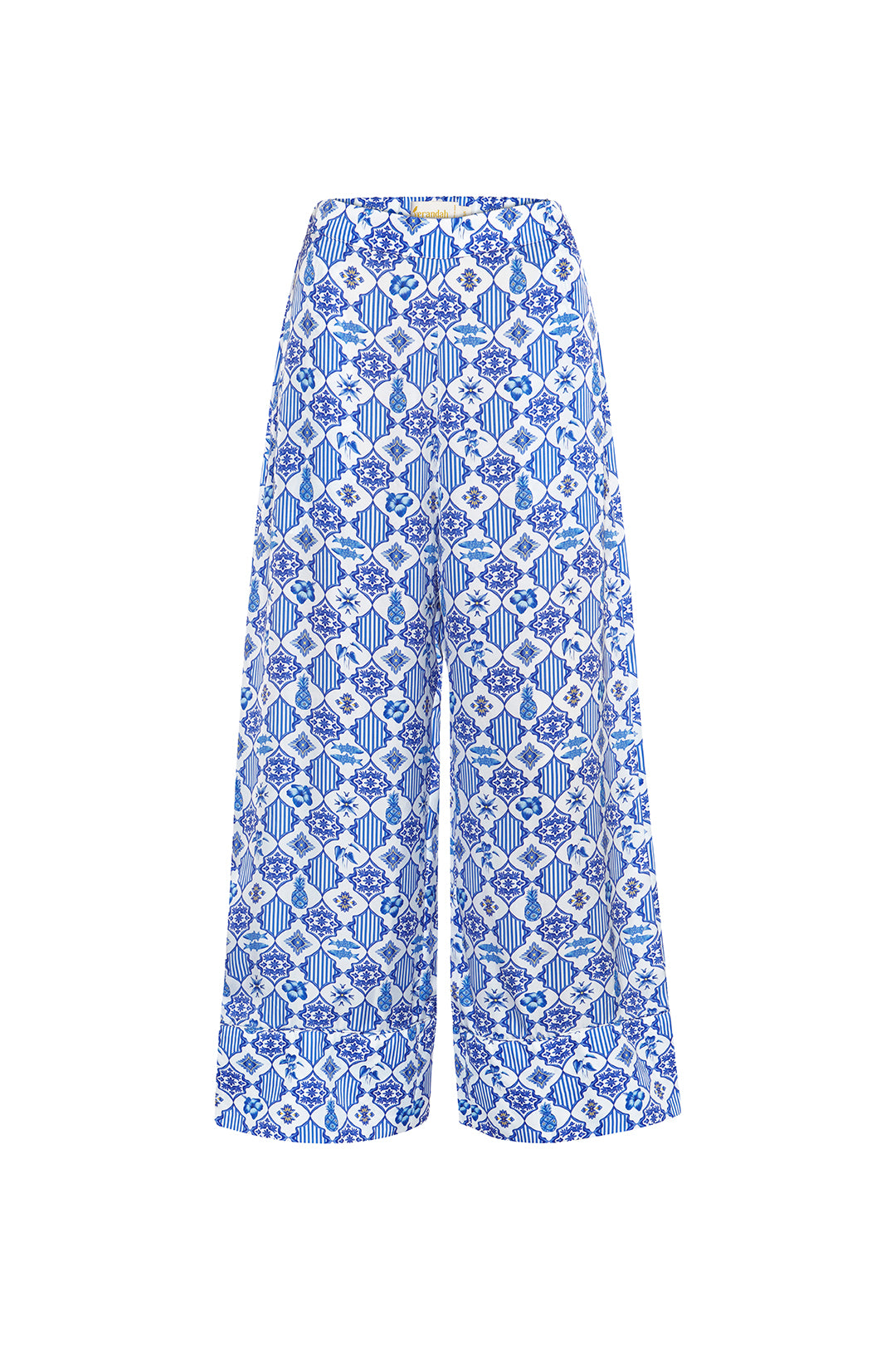 Women's Conscious Blue and White Azulejos Wide Satin Pants Verandah — free download