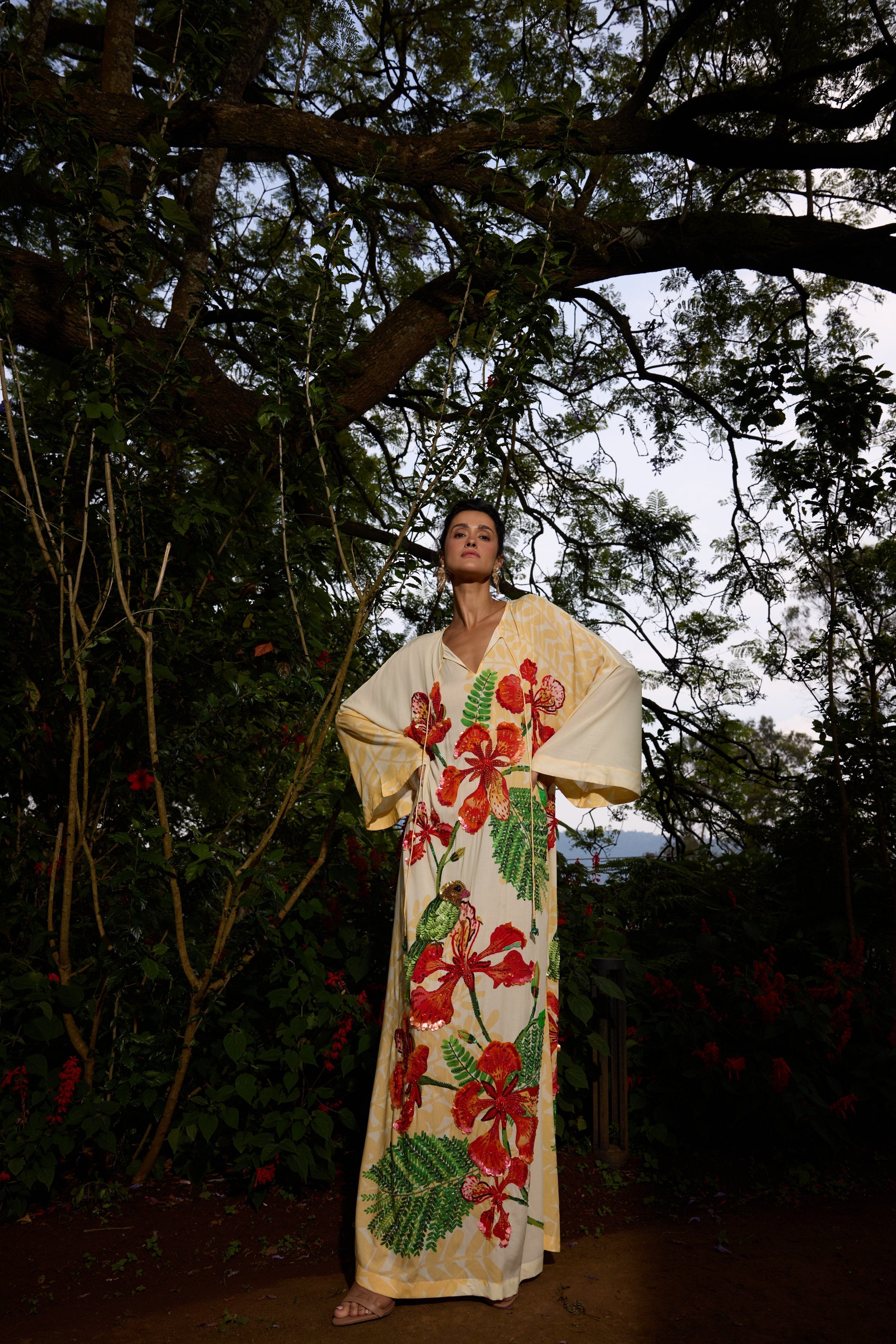 Hand Beaded Gulmohar and Parrot Dress