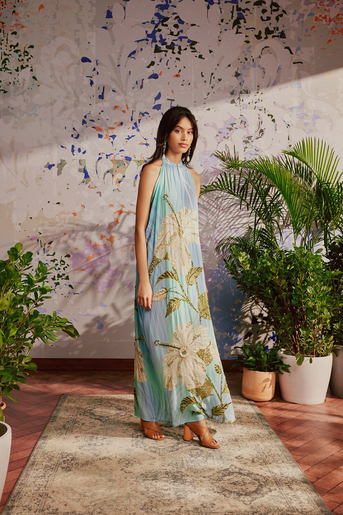 Hand Beaded Hibiscus Sunset Maxi