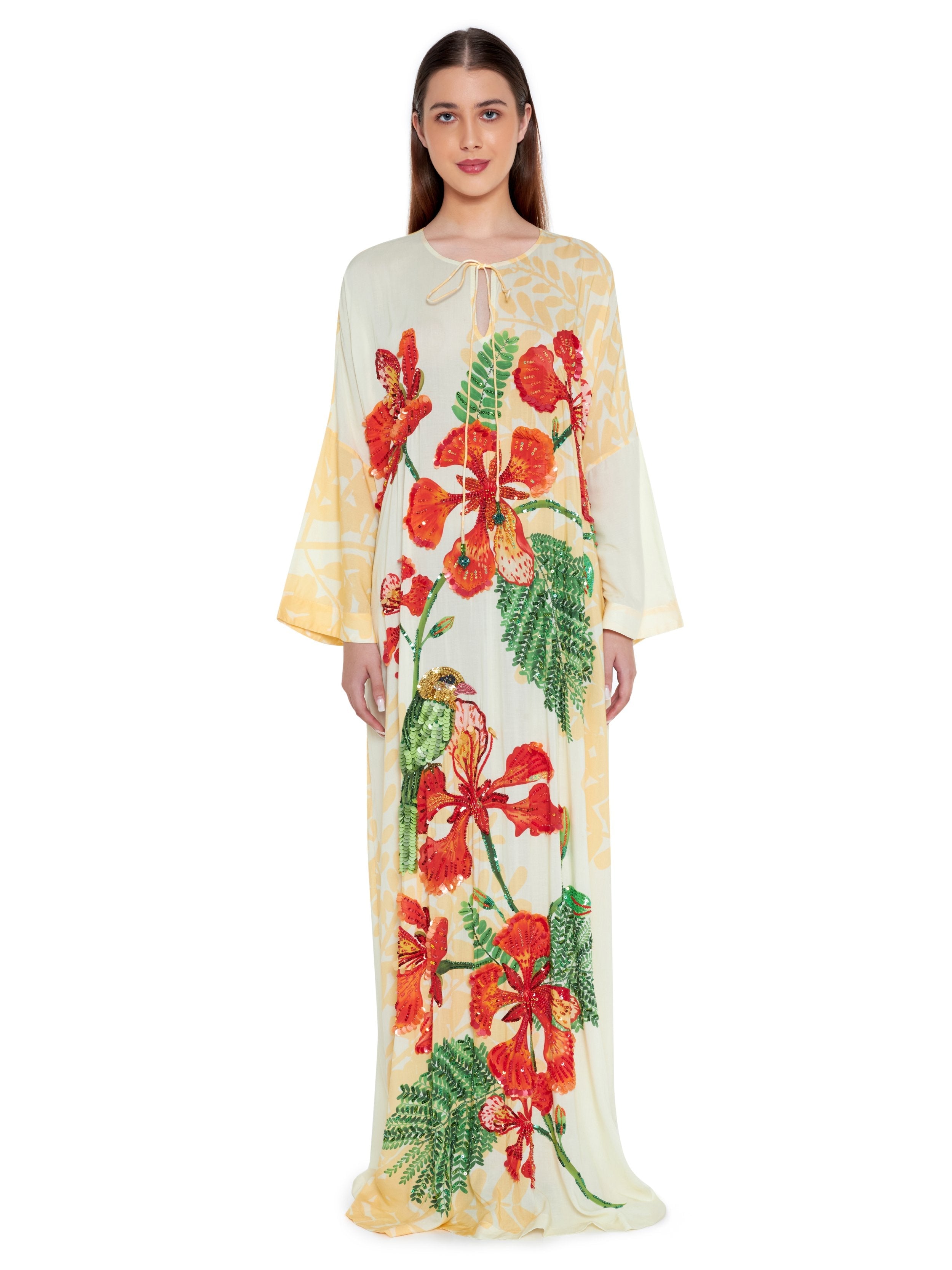 Hand Beaded Gulmohar and Parrot Dress