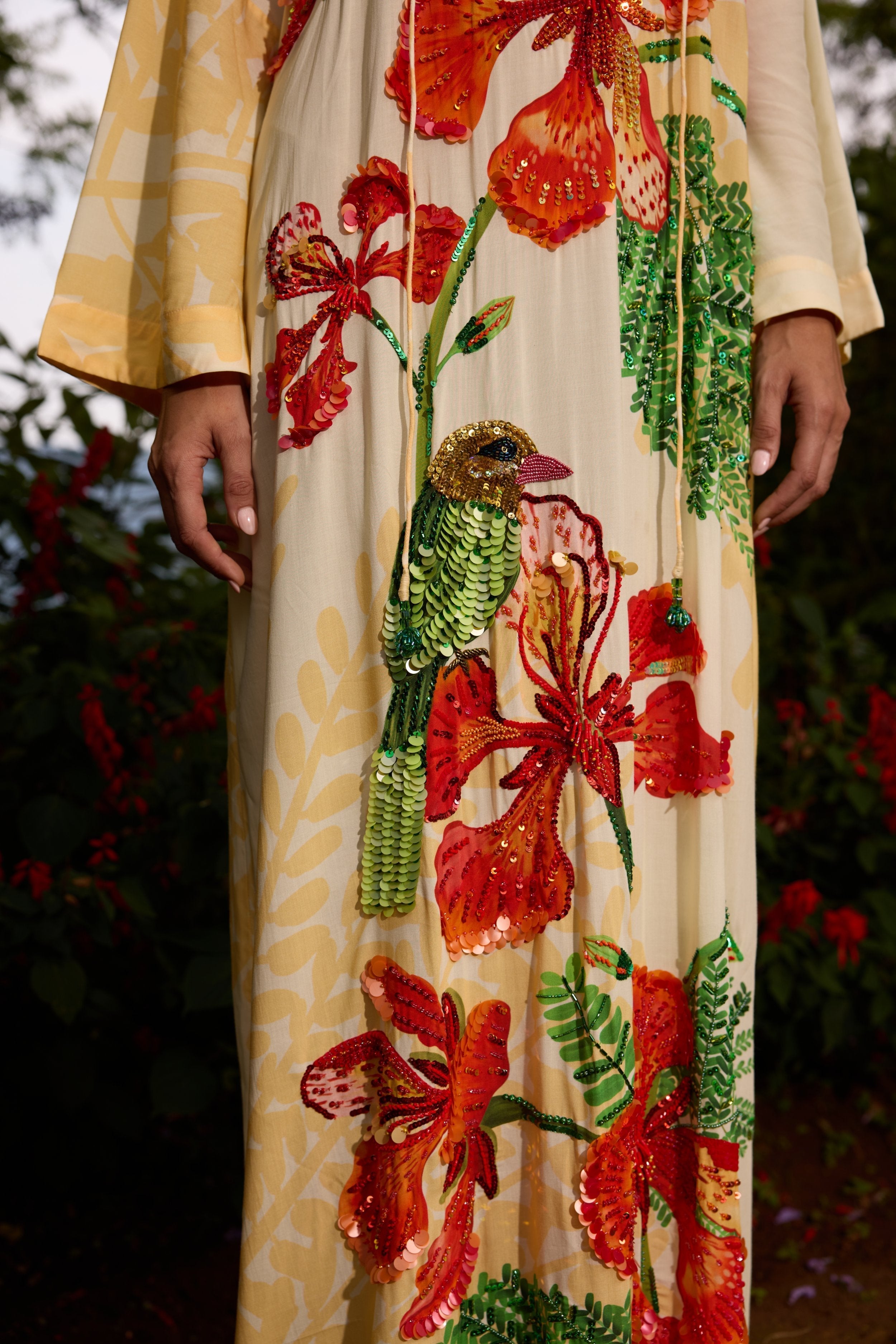 Hand Beaded Gulmohar and Parrot Dress