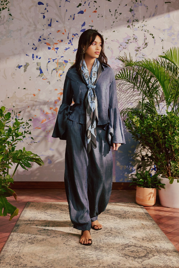 High Waisted Denim Pleated Pants