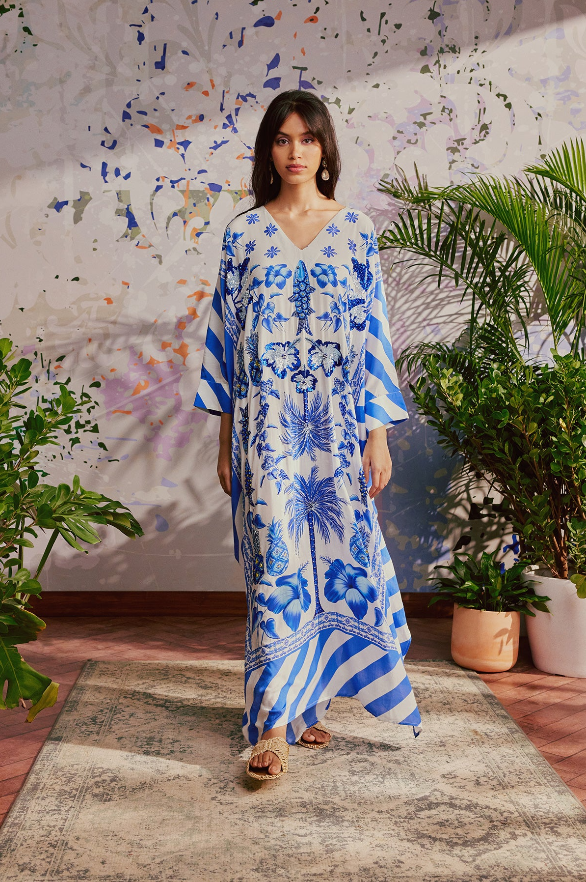 blue and white palm kaftan