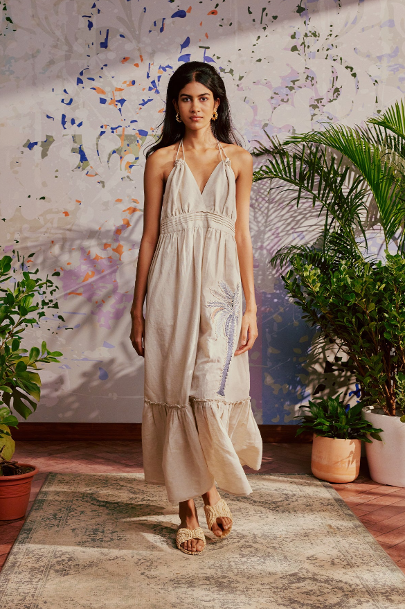 Hand Embroidered Plunge Neck Palm Summer Maxi Hand Embroidered Plunge Neck Palm Summer Maxi