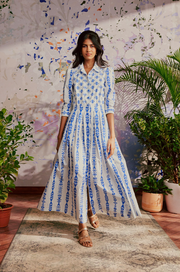 blue and white ornate dress