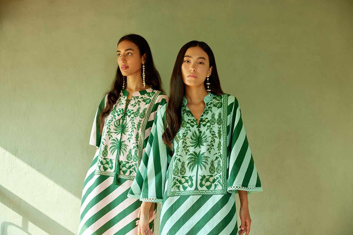 Aqua Azulejos Mini Kaftan Dress