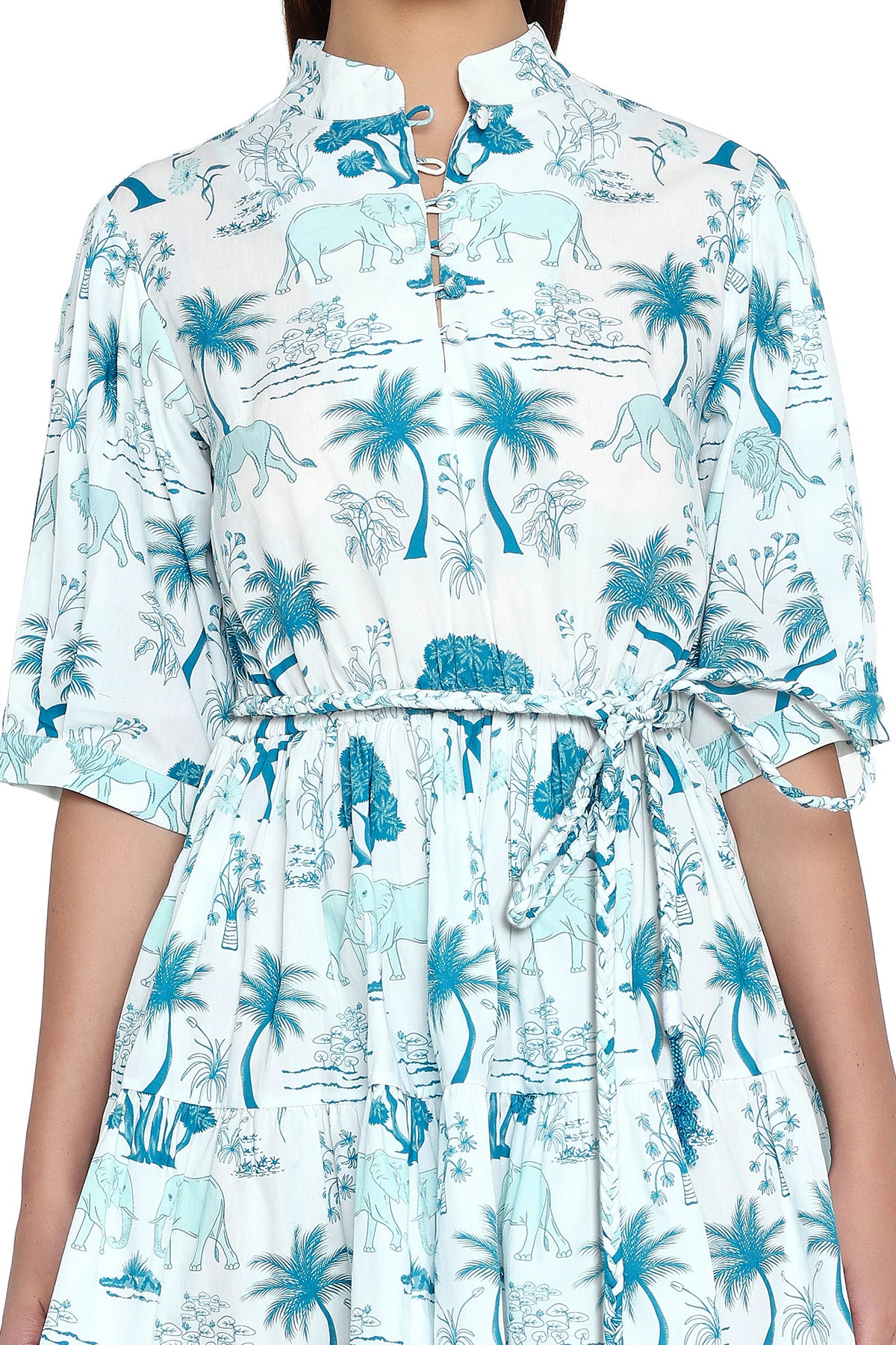 teal and white printed dress