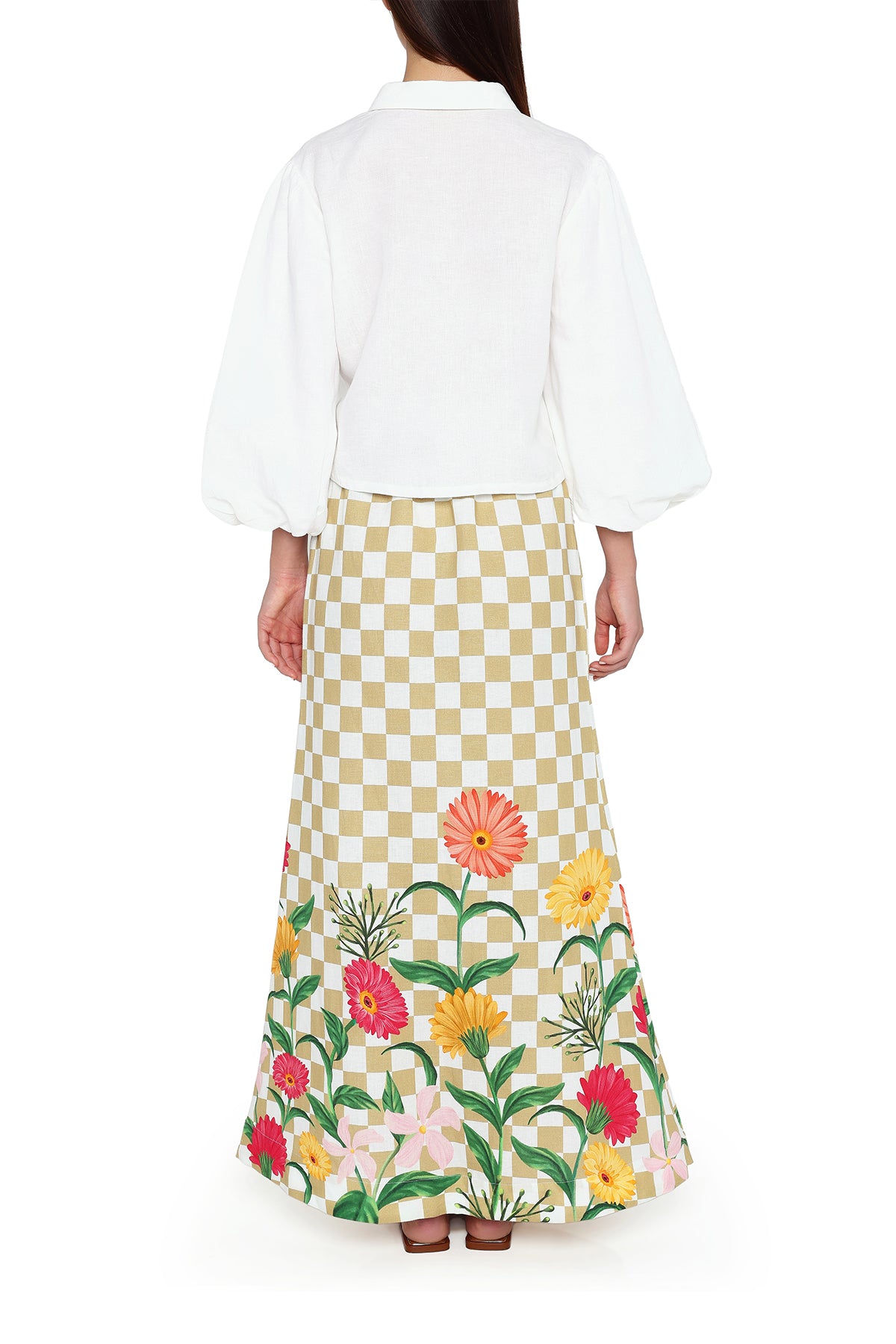 white blouse yellow checks skirt