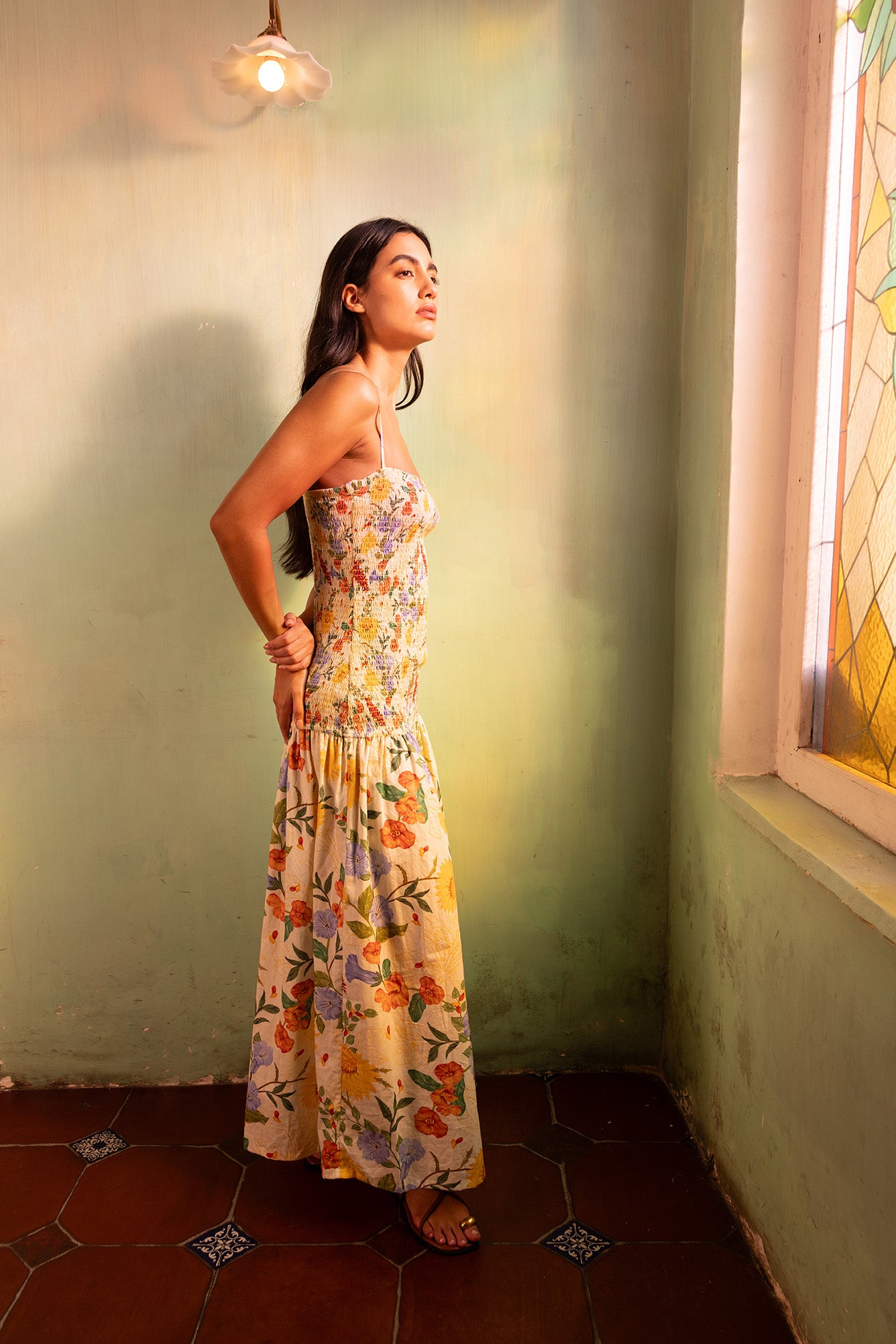 Smocked Cotton Satin Maxi Dress