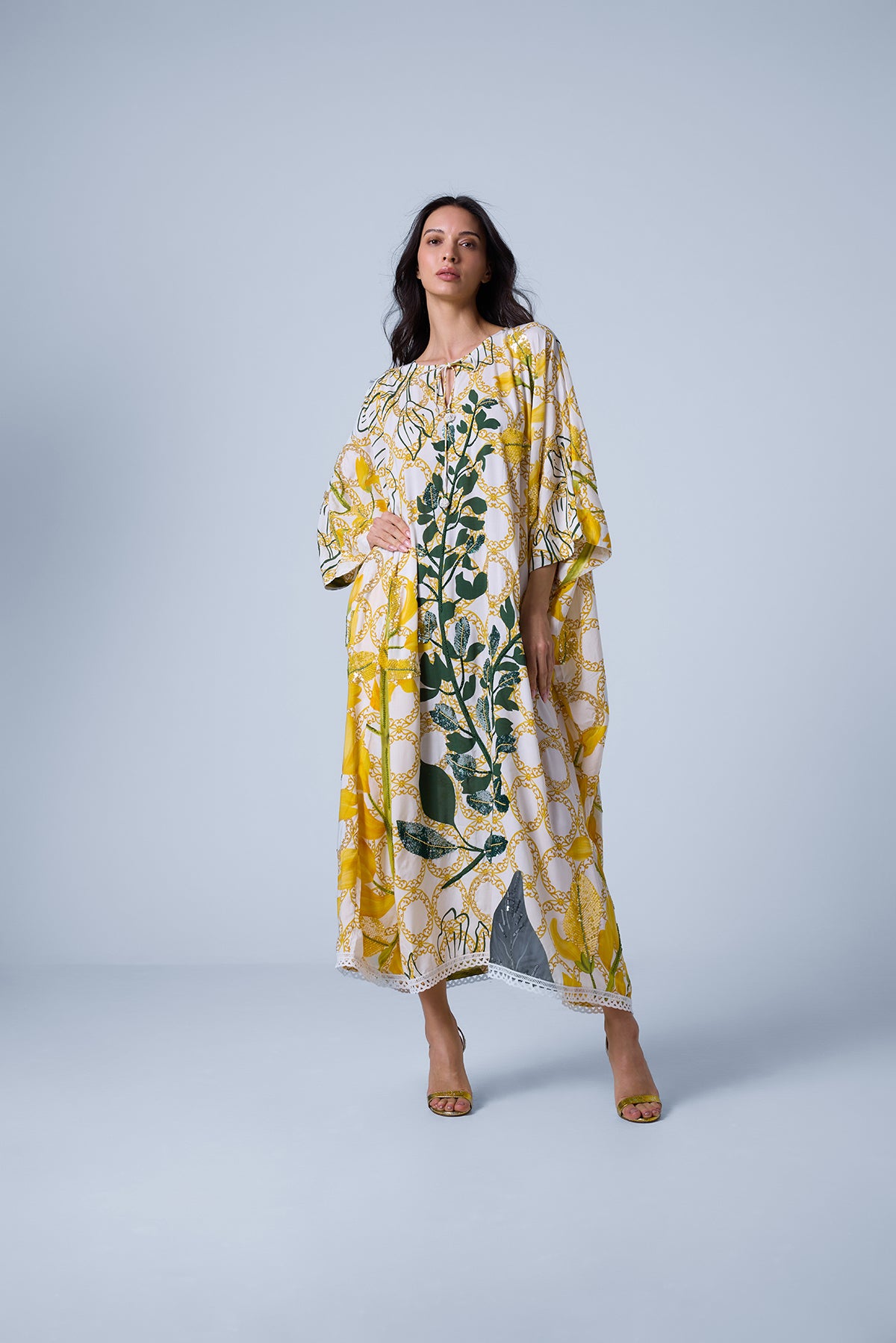 Garden Party Beaded Tie Up Kaftan Dress