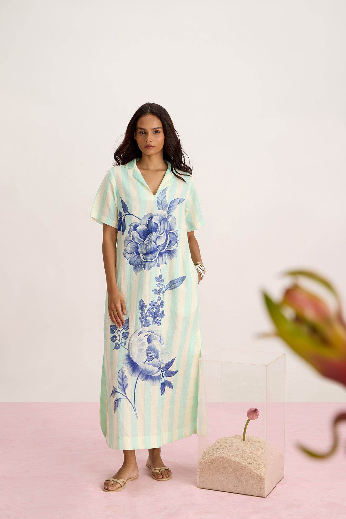 Peonies and Stripe Shirt Dress