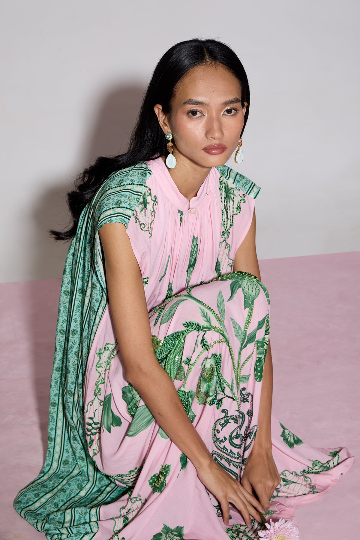 Hand Beaded Blooming Peonies Maxi