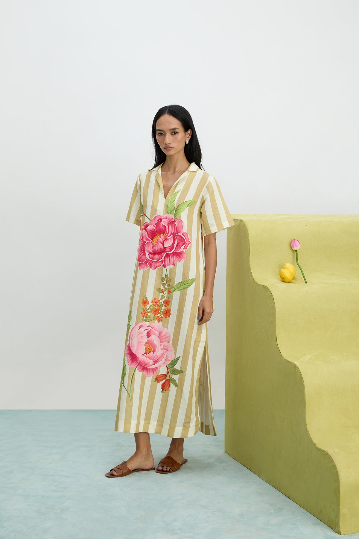 Peonies and Stripe Shirt Dress