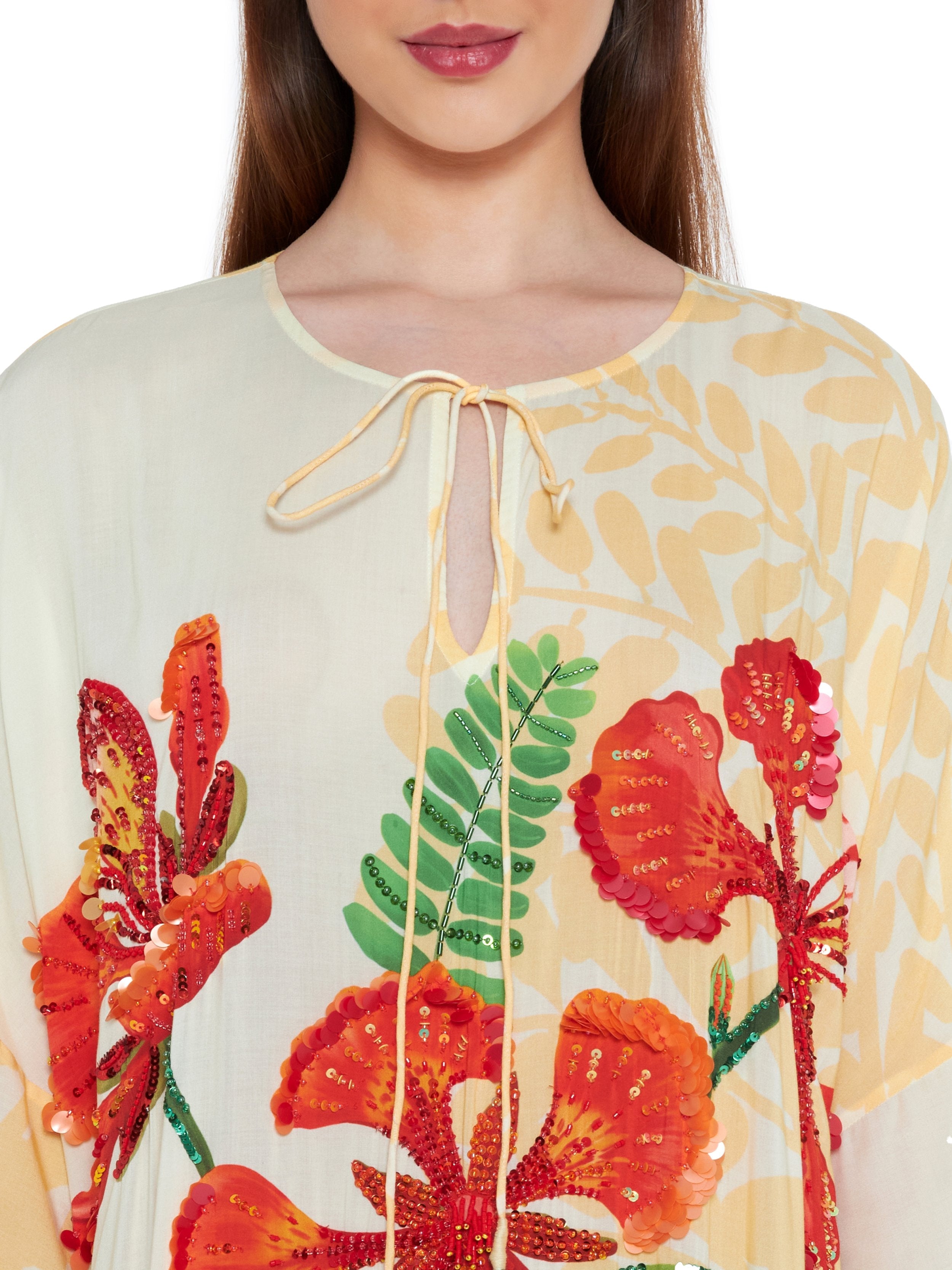 Hand Beaded Gulmohar and Parrot Dress