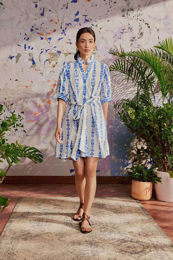 white and blue ornate dress