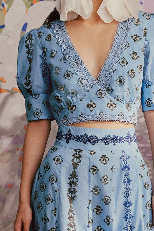 blue and grey ornate blouse