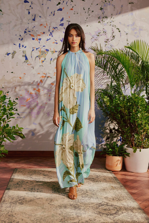 aqua hibiscus gown