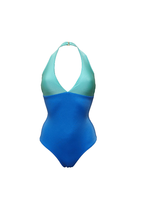 aqua and blue one piece swim suit