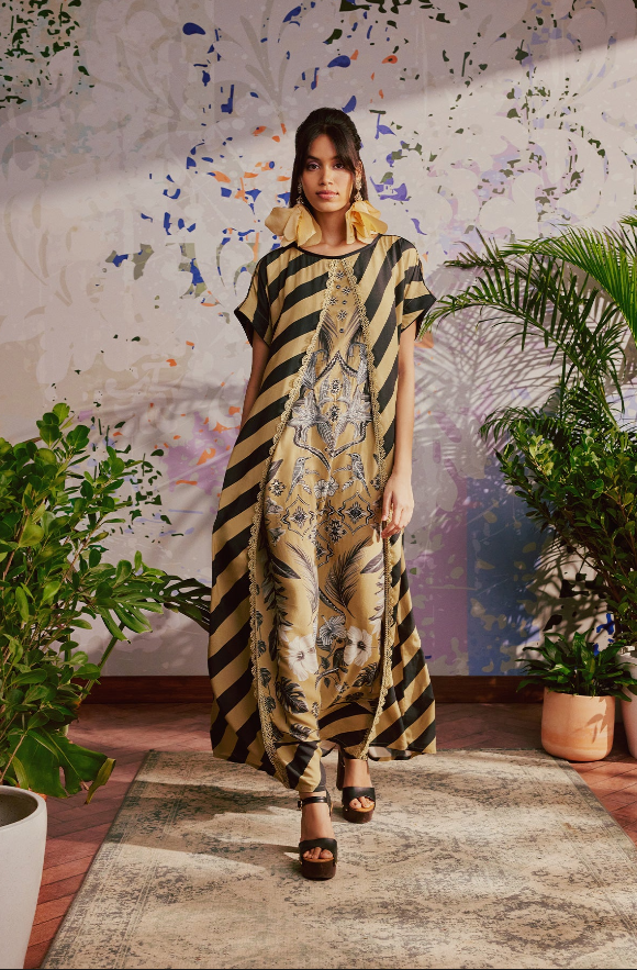 beige and black printed dress