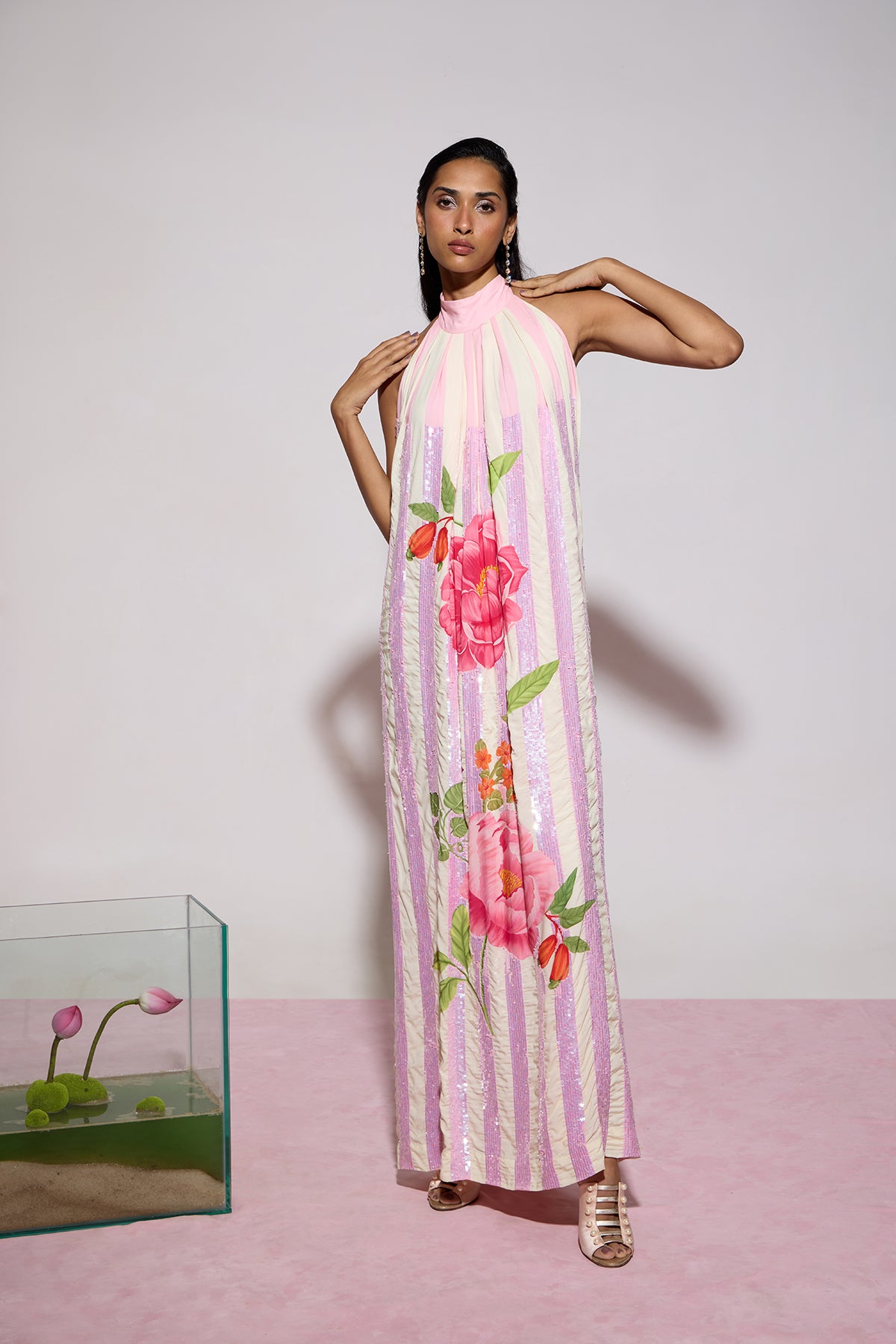 Hand Beaded Halter Maxi Dress
