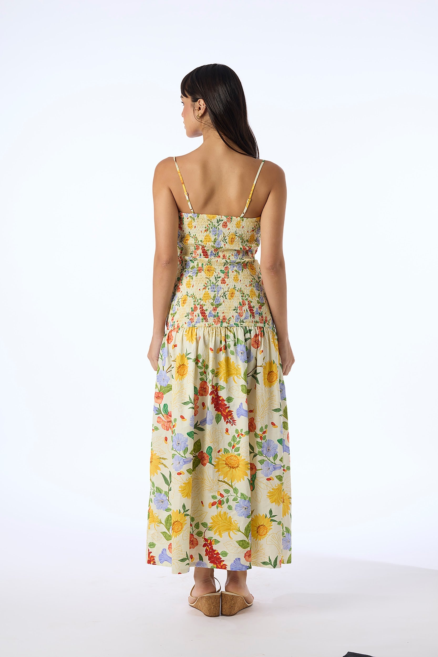 Smocked Cotton Satin Maxi Dress