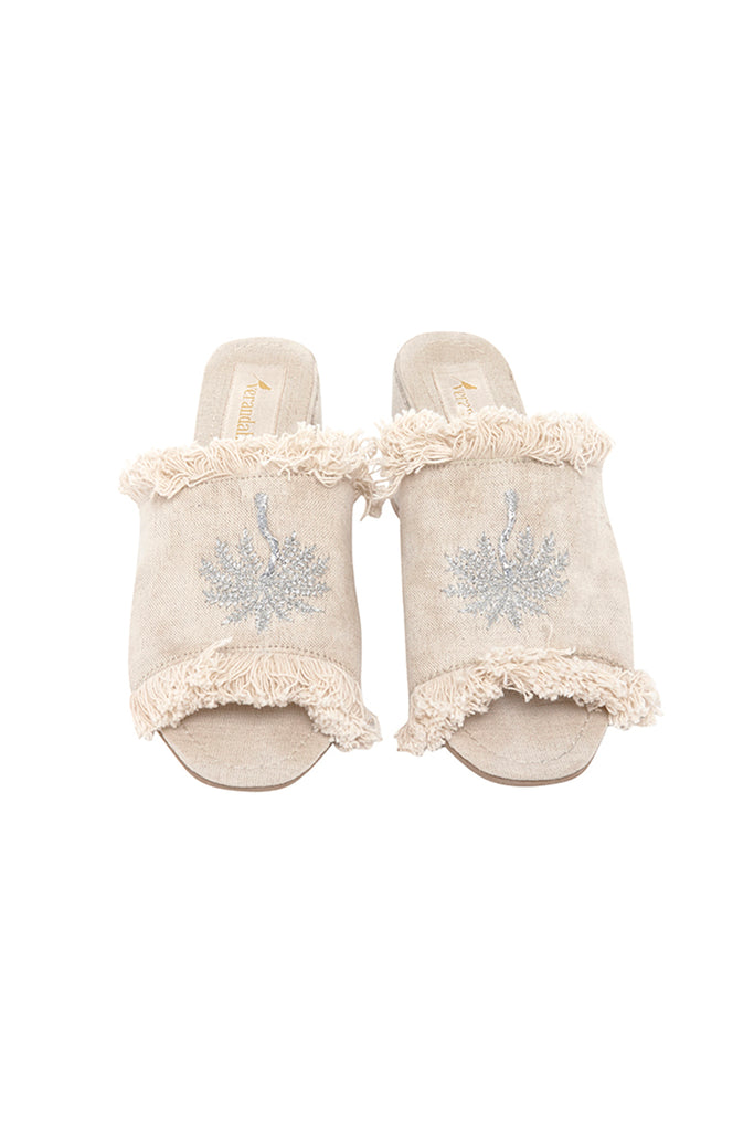 Palm Embroidered Linen Mules